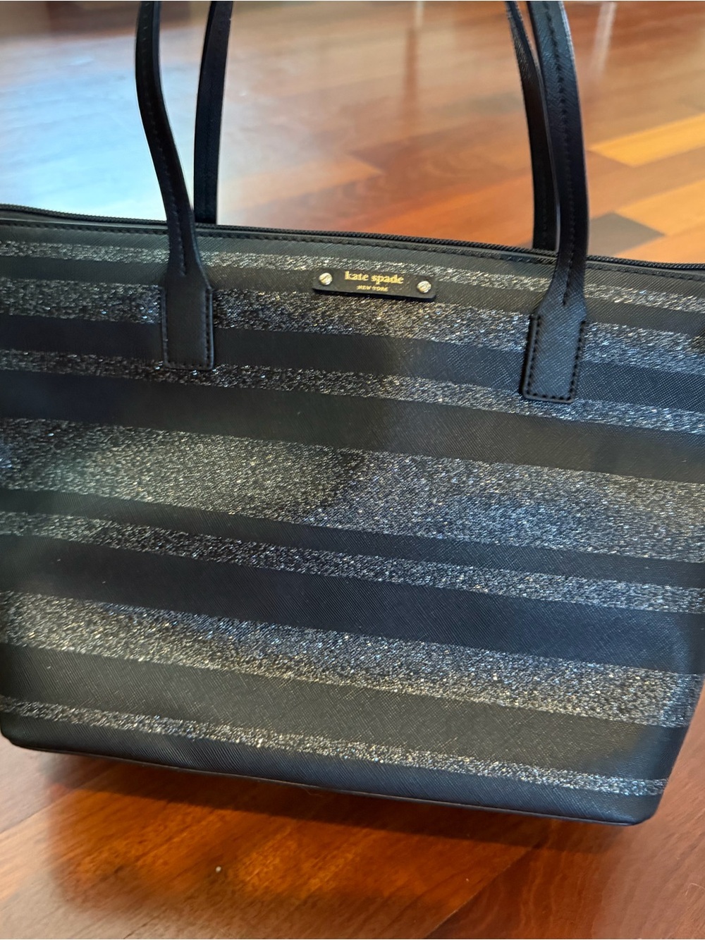 kate spade Black Glitter Stripe Tote Bag